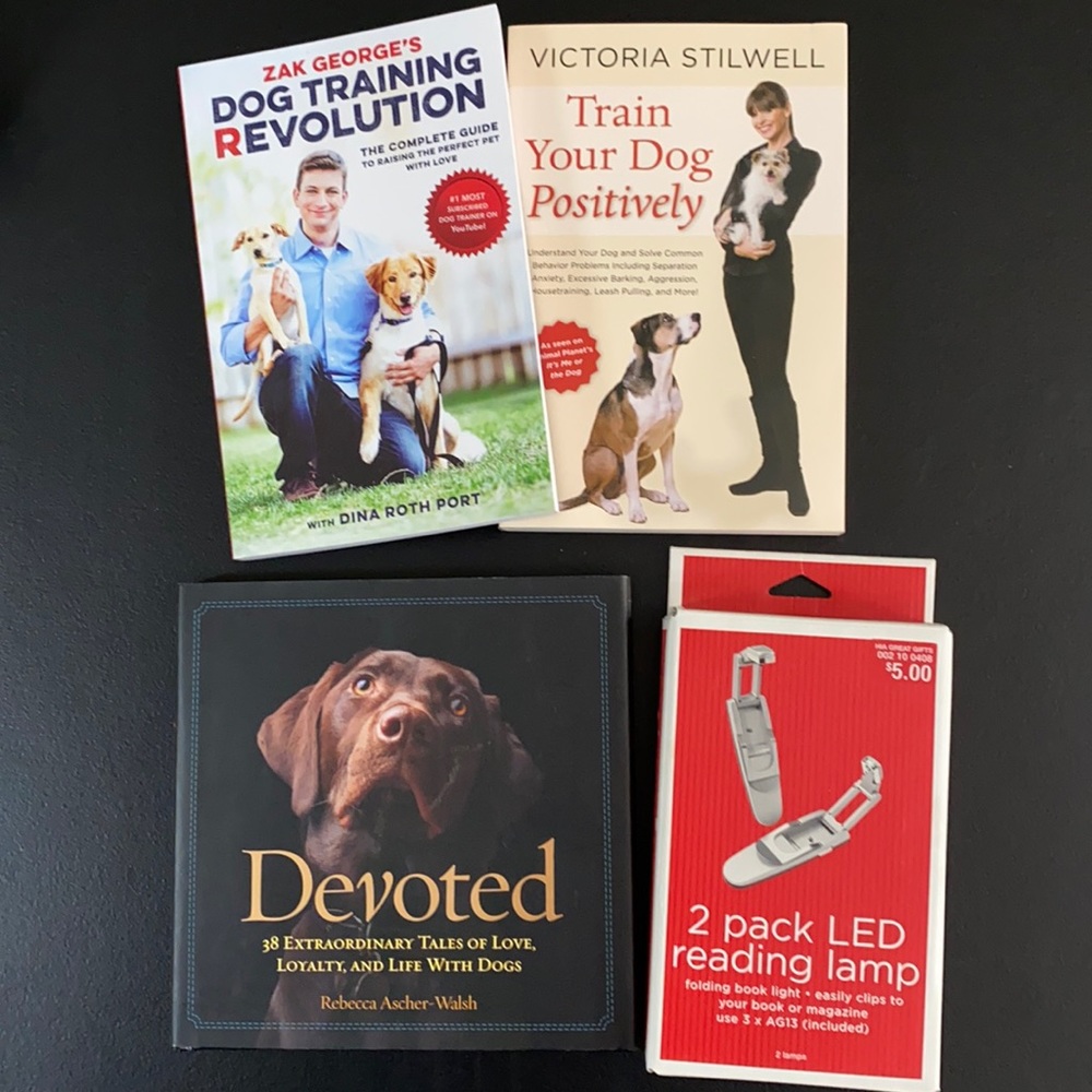 Dog Books—two of them are Dog Training Guides—and Two LED Reading Lamps